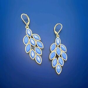 Brasstone Blue Chandelier Leaf Dangle Pierced Earrings
